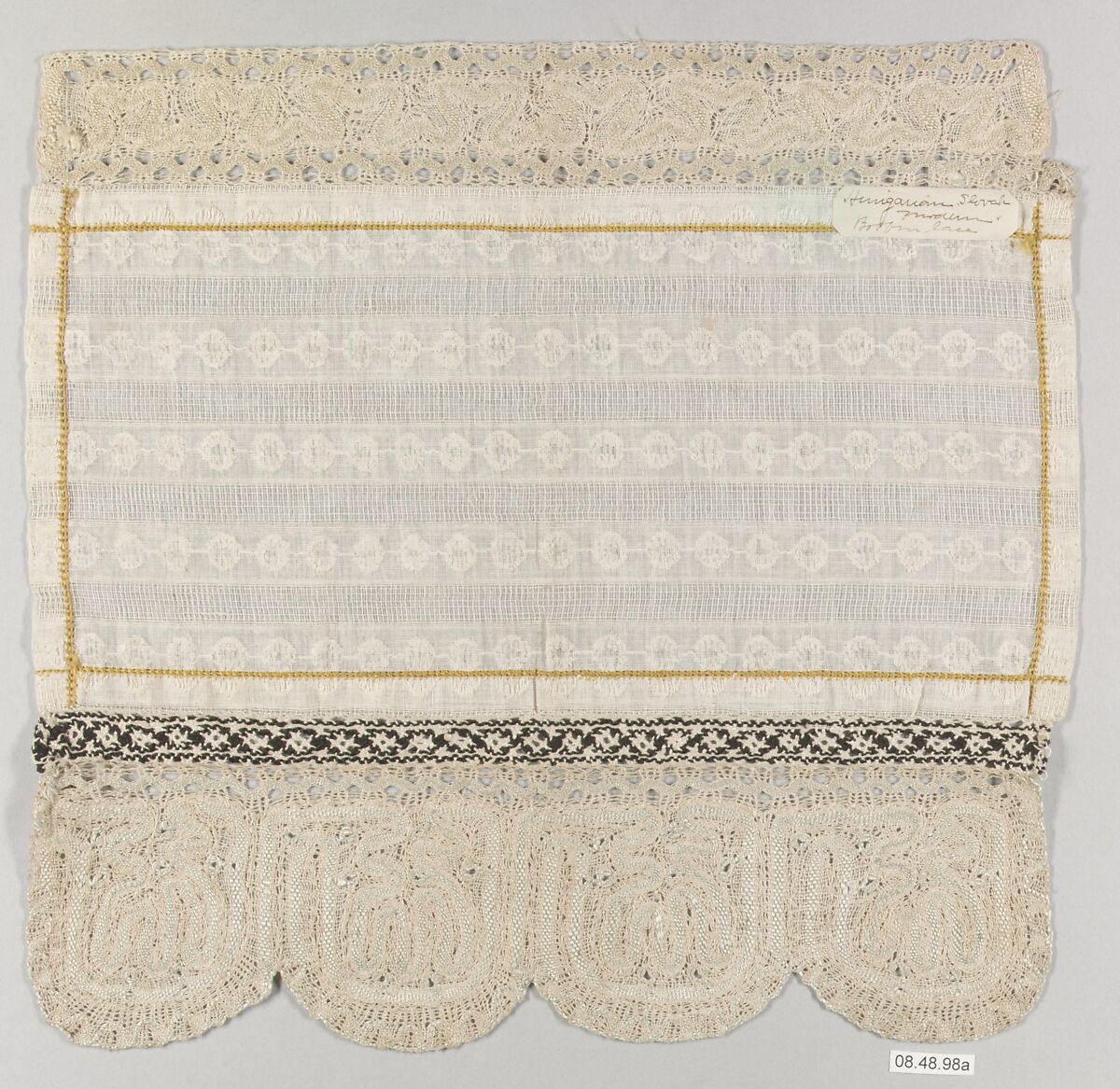 Detail from a cap, Muslin and silk thread; bobbin lace, Hungarian