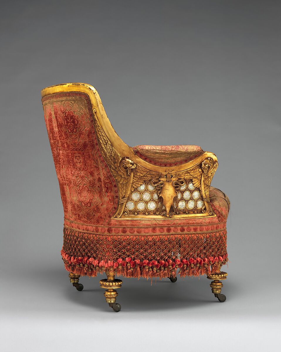 Armchair, Herter Brothers (German, active New York, 1864–1906), Gilded wood, mother-of-pearl, and original silk velvet upholstery, American 