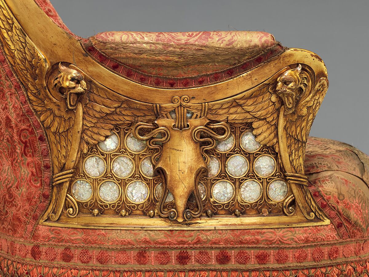 Armchair, Herter Brothers (German, active New York, 1864–1906), Gilded wood, mother-of-pearl, and original silk velvet upholstery, American