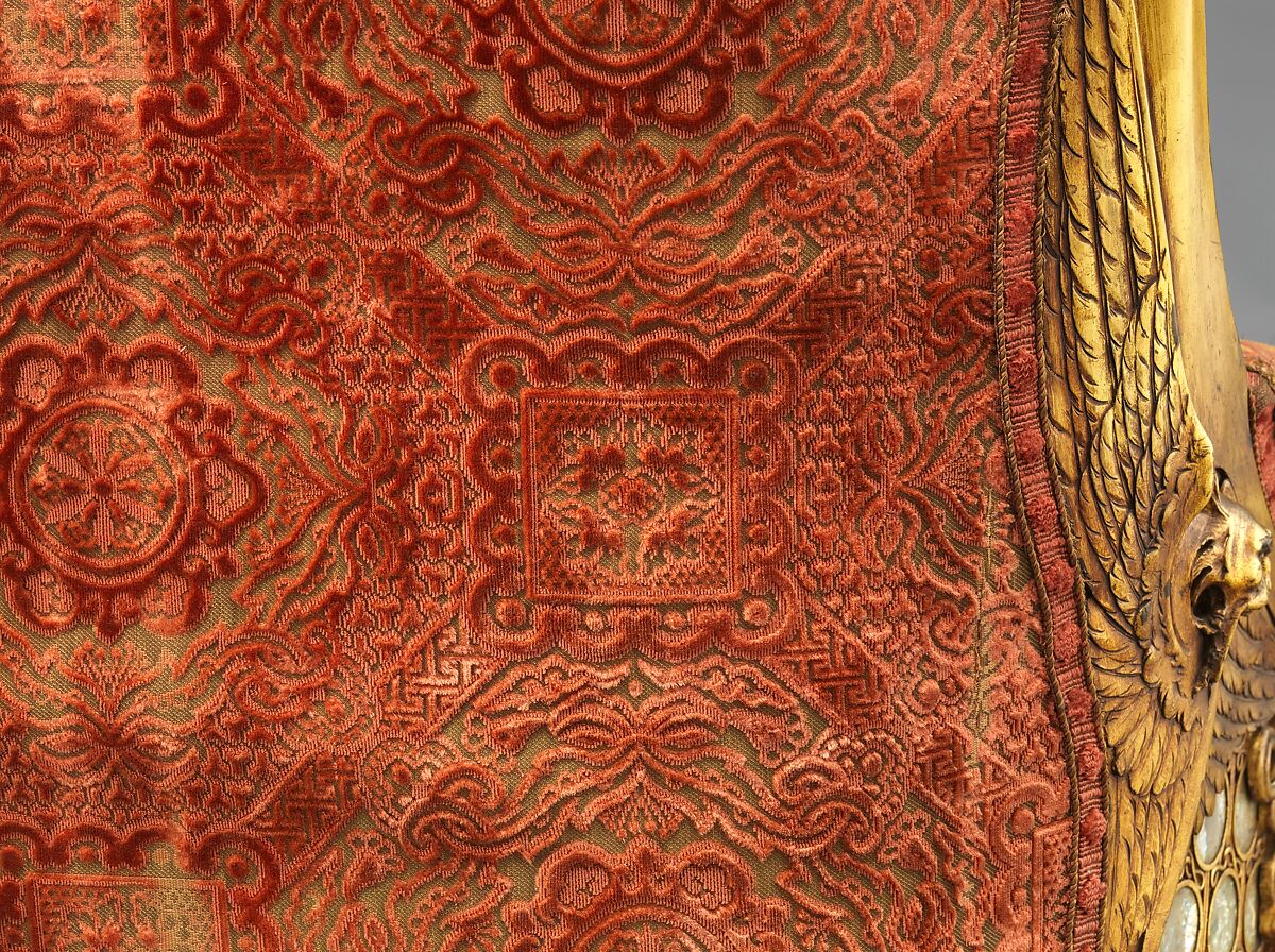 Armchair, Herter Brothers (German, active New York, 1864–1906), Gilded wood, mother-of-pearl, and original silk velvet upholstery, American