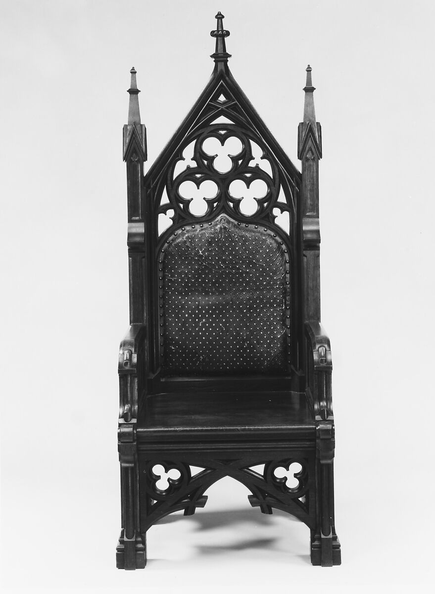 Armchair, Possibly Gustave Herter (1830–1898), Walnut, original leather, modern velvet cushion, American