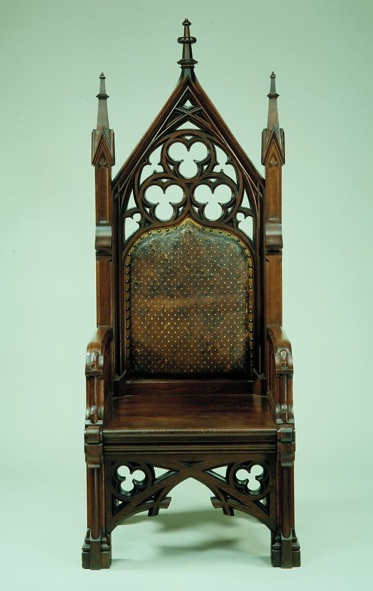Armchair, Possibly Gustave Herter (1830–1898), Walnut, original leather, modern velvet cushion, American