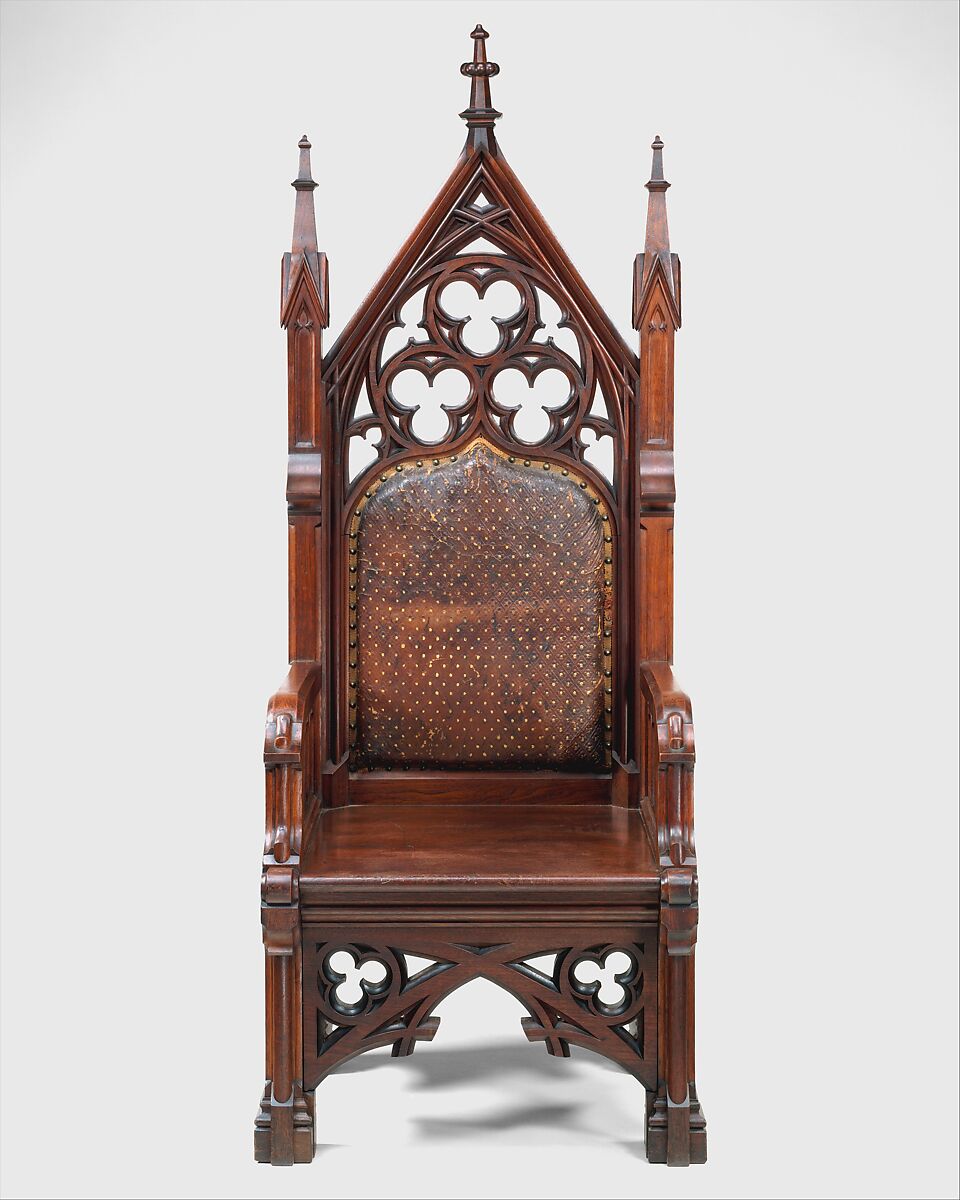 Armchair, Possibly Gustave Herter (1830–1898), Walnut, original leather, modern velvet cushion, American 