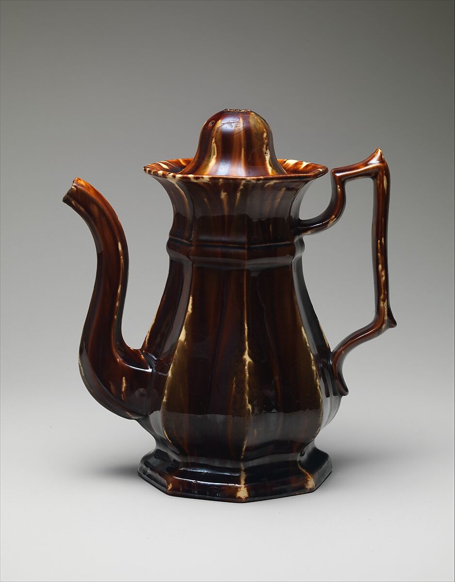 Coffeepot, Lyman, Fenton &amp; Co. (1849–52), Mottled brown earthenware, American 