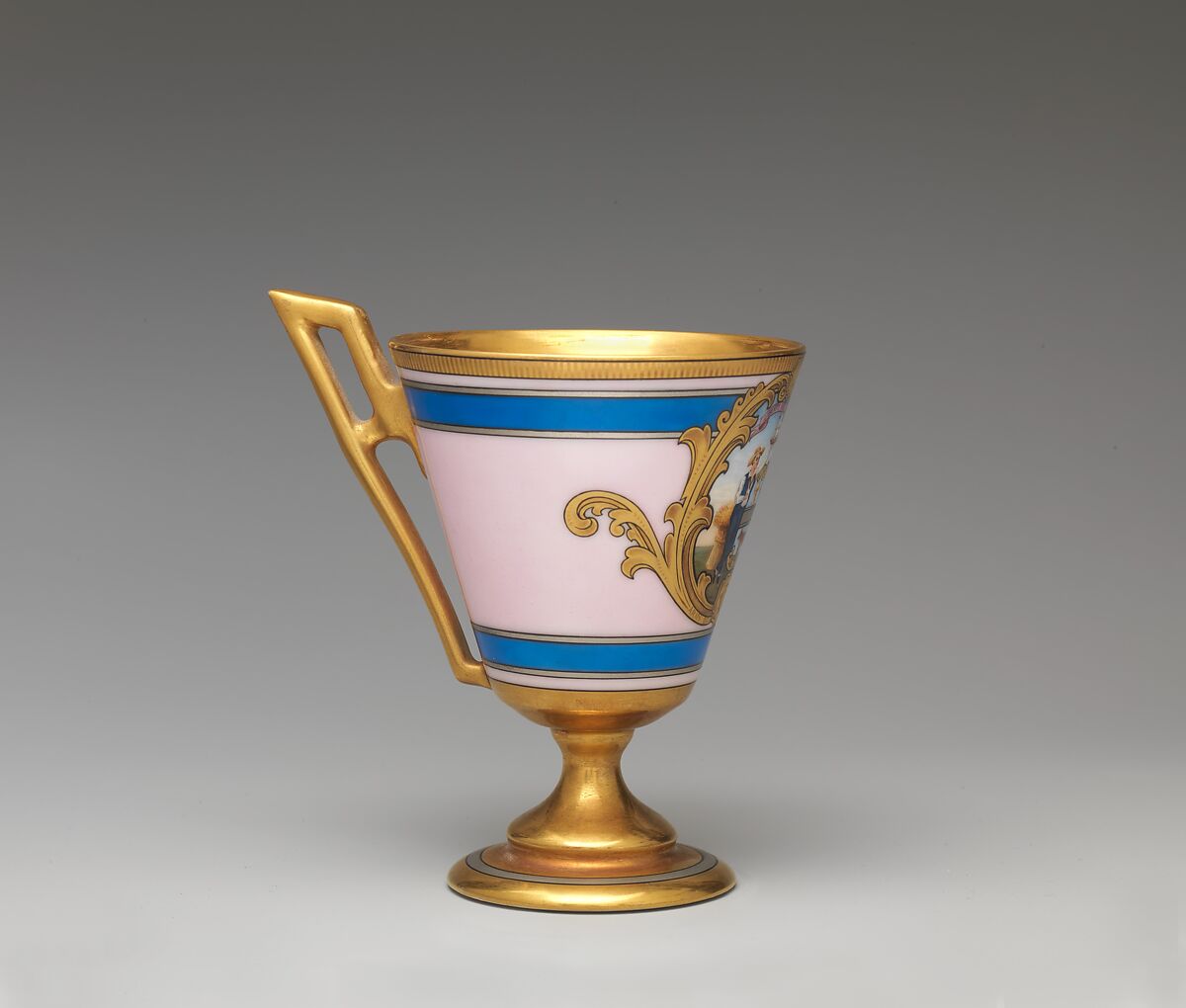 Continental footed porcelain cup, Delaware, Joseph S. Potter (1822–1904), Porcelain with pink ground banded in blue, silver, and gold, the silver banding picked out in black, American