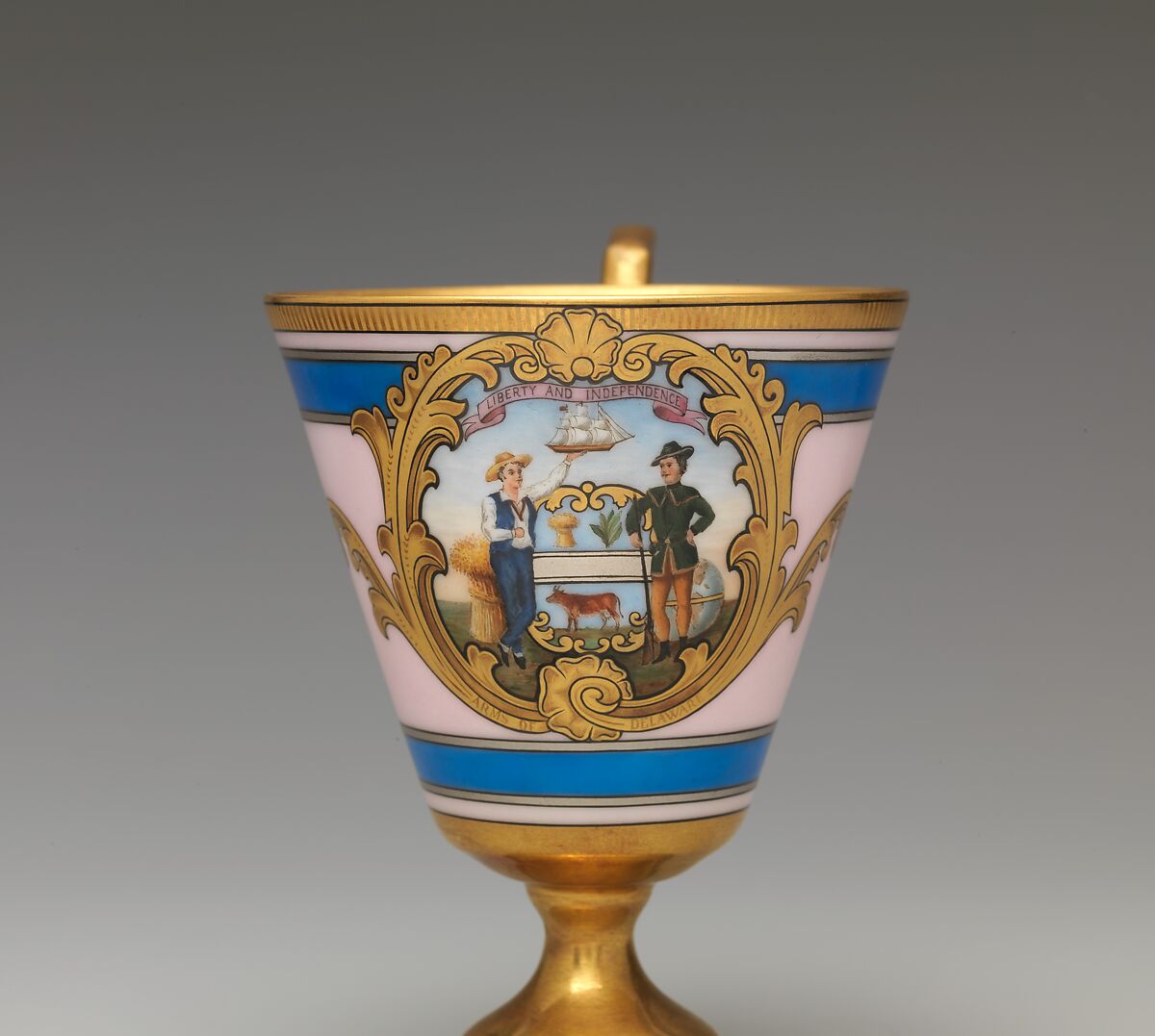 Continental footed porcelain cup, Delaware, Joseph S. Potter (1822–1904), Porcelain with pink ground banded in blue, silver, and gold, the silver banding picked out in black, American 