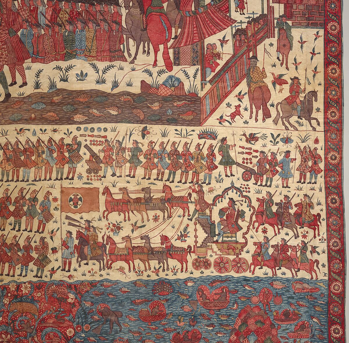 Hanging depicting a European conflict in South India, Cotton, plain weave (drawn and painted, mordant and resist dyed), Indian, Coromandel Coast, for British market