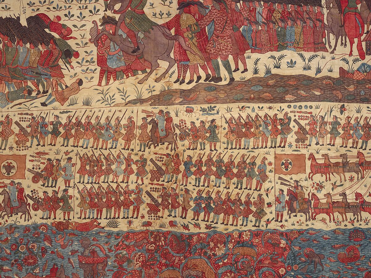 Hanging depicting a European conflict in South India, Cotton, plain weave (drawn and painted, mordant and resist dyed), Indian, Coromandel Coast, for British market