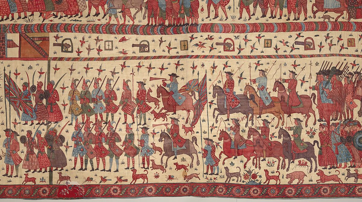 Hanging depicting a European conflict in South India, Cotton, plain weave (drawn and painted, mordant and resist dyed), Indian, Coromandel Coast, for British market