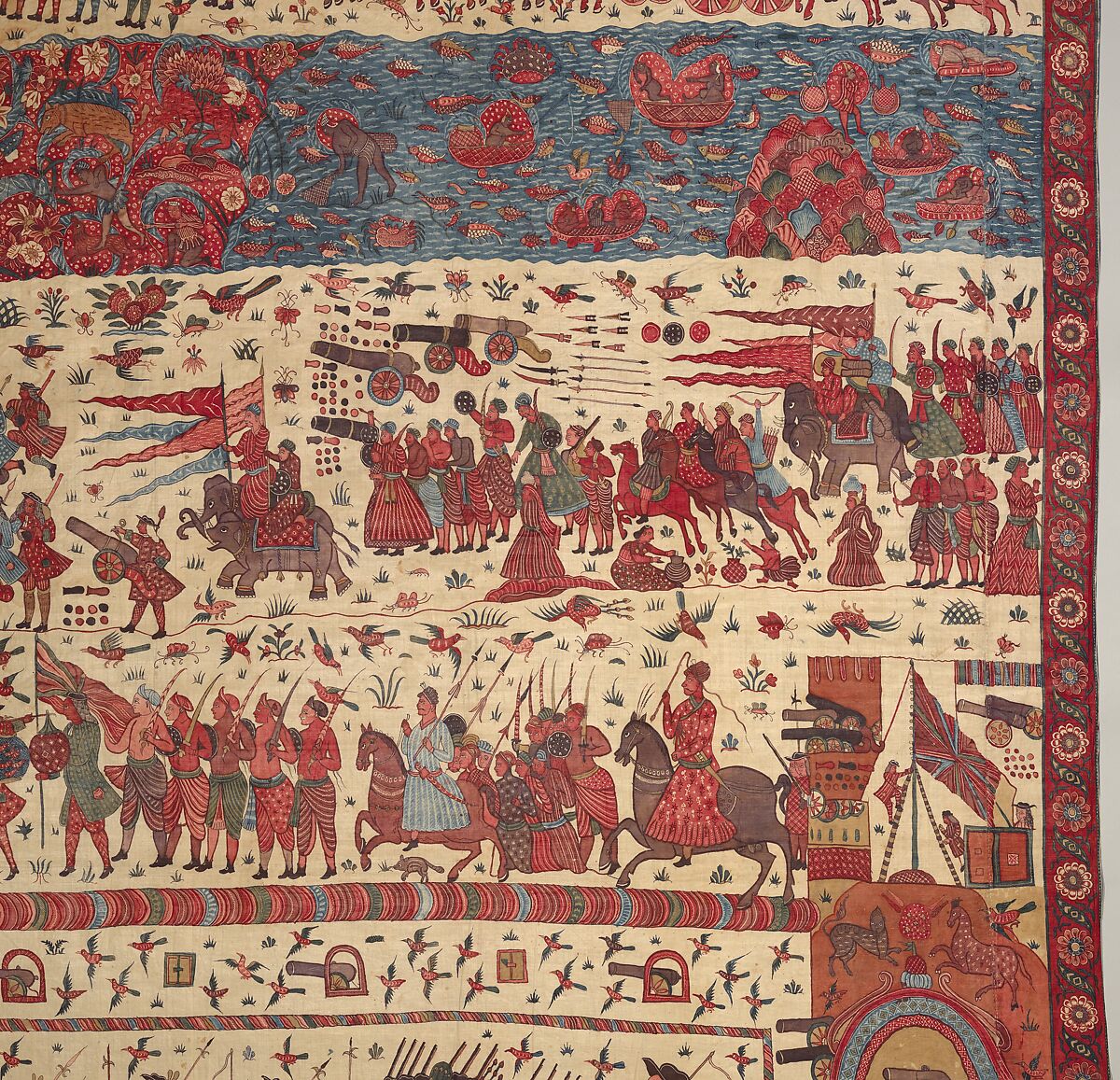 Hanging depicting a European conflict in South India, Cotton, plain weave (drawn and painted, mordant and resist dyed), Indian, Coromandel Coast, for British market