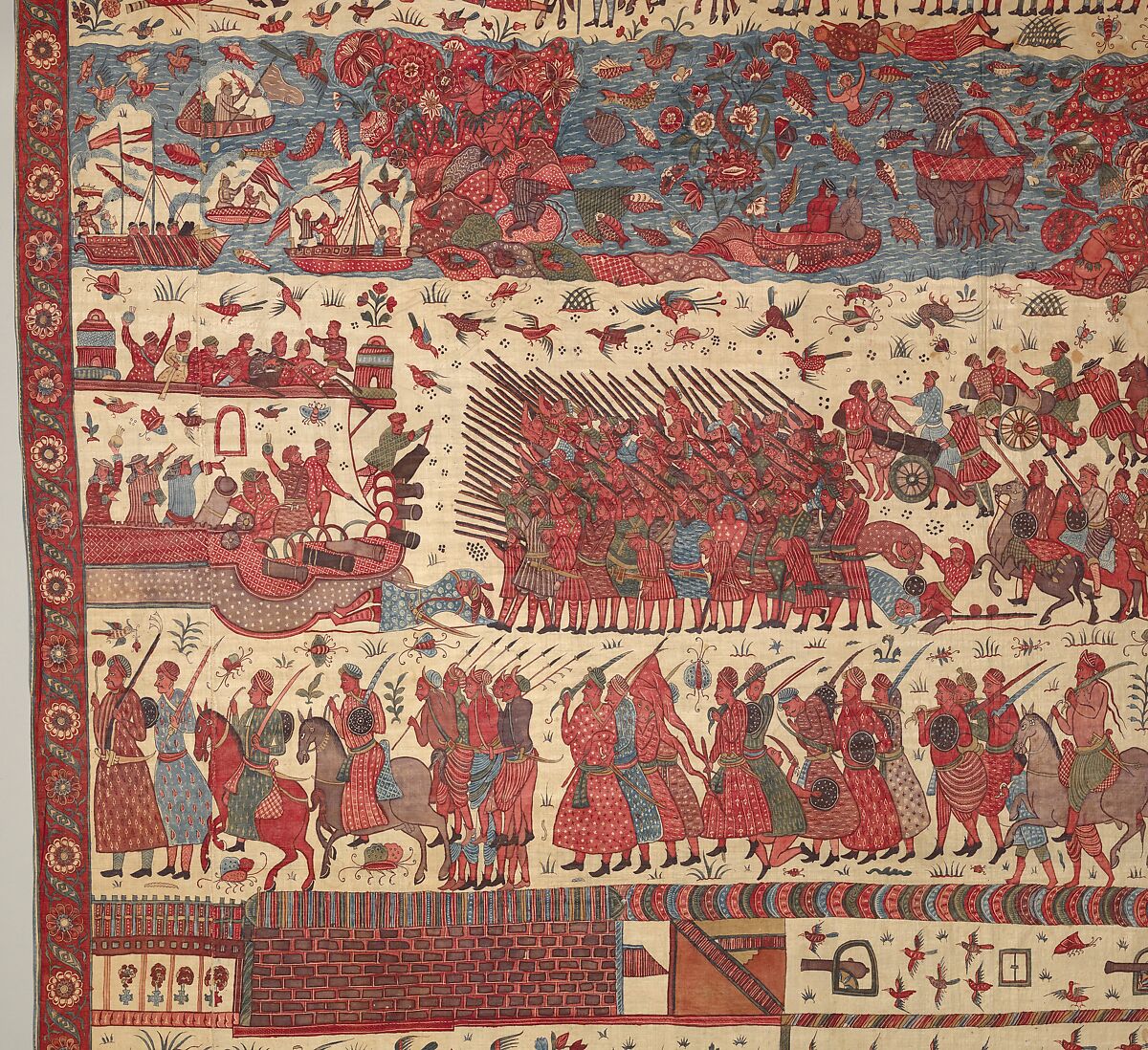 Hanging depicting a European conflict in South India, Cotton, plain weave (drawn and painted, mordant and resist dyed), Indian, Coromandel Coast, for British market