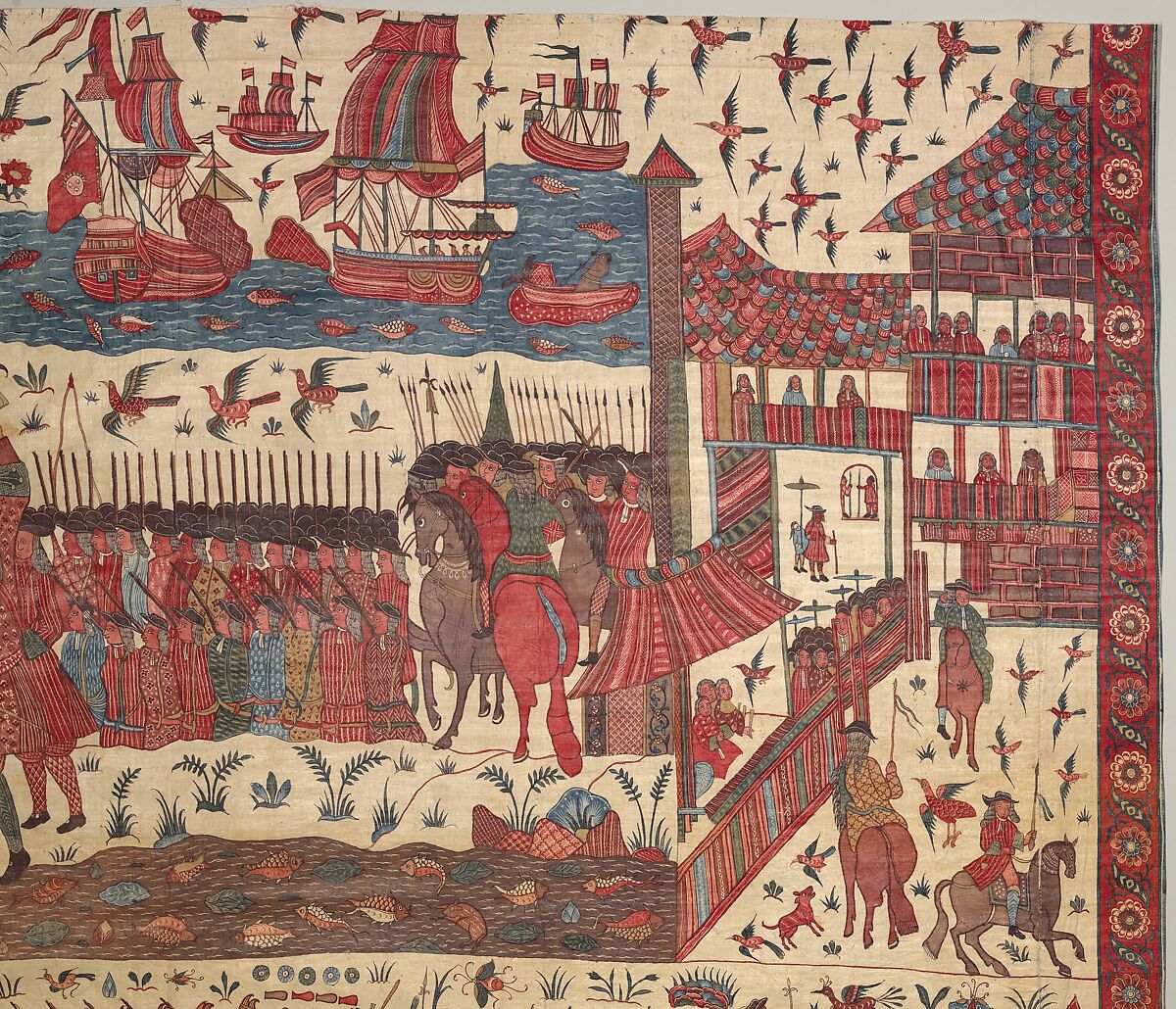 Hanging depicting a European conflict in South India, Cotton, plain weave (drawn and painted, mordant and resist dyed), Indian, Coromandel Coast, for British market