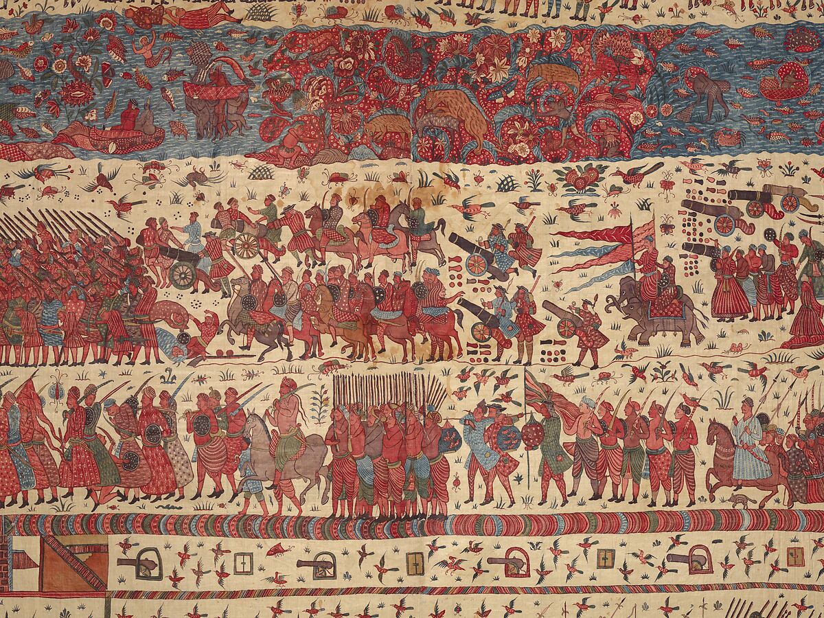 Hanging depicting a European conflict in South India, Cotton, plain weave (drawn and painted, mordant and resist dyed), Indian, Coromandel Coast, for British market