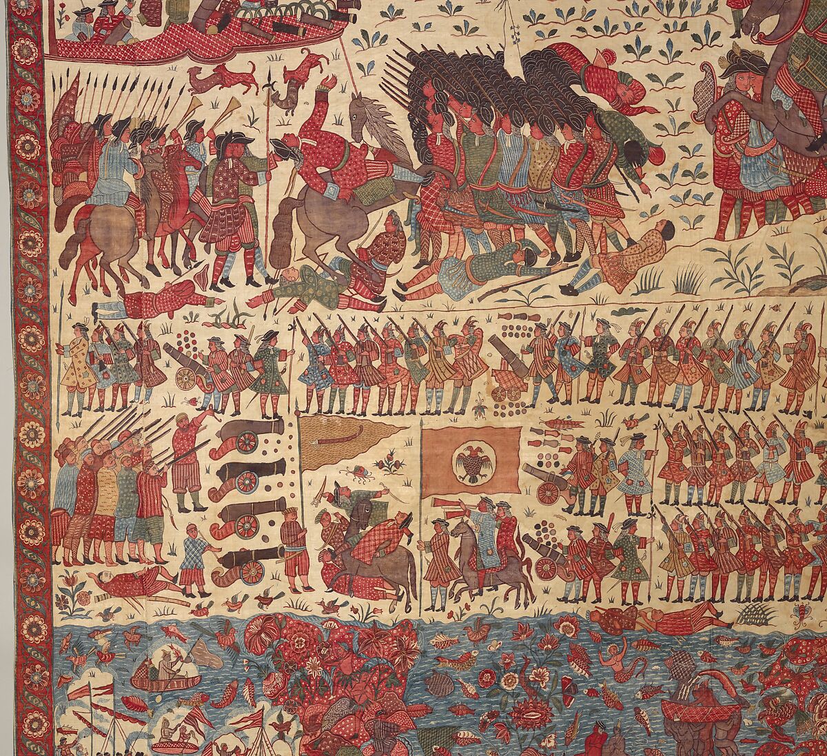 Hanging depicting a European conflict in South India, Cotton, plain weave (drawn and painted, mordant and resist dyed), Indian, Coromandel Coast, for British market