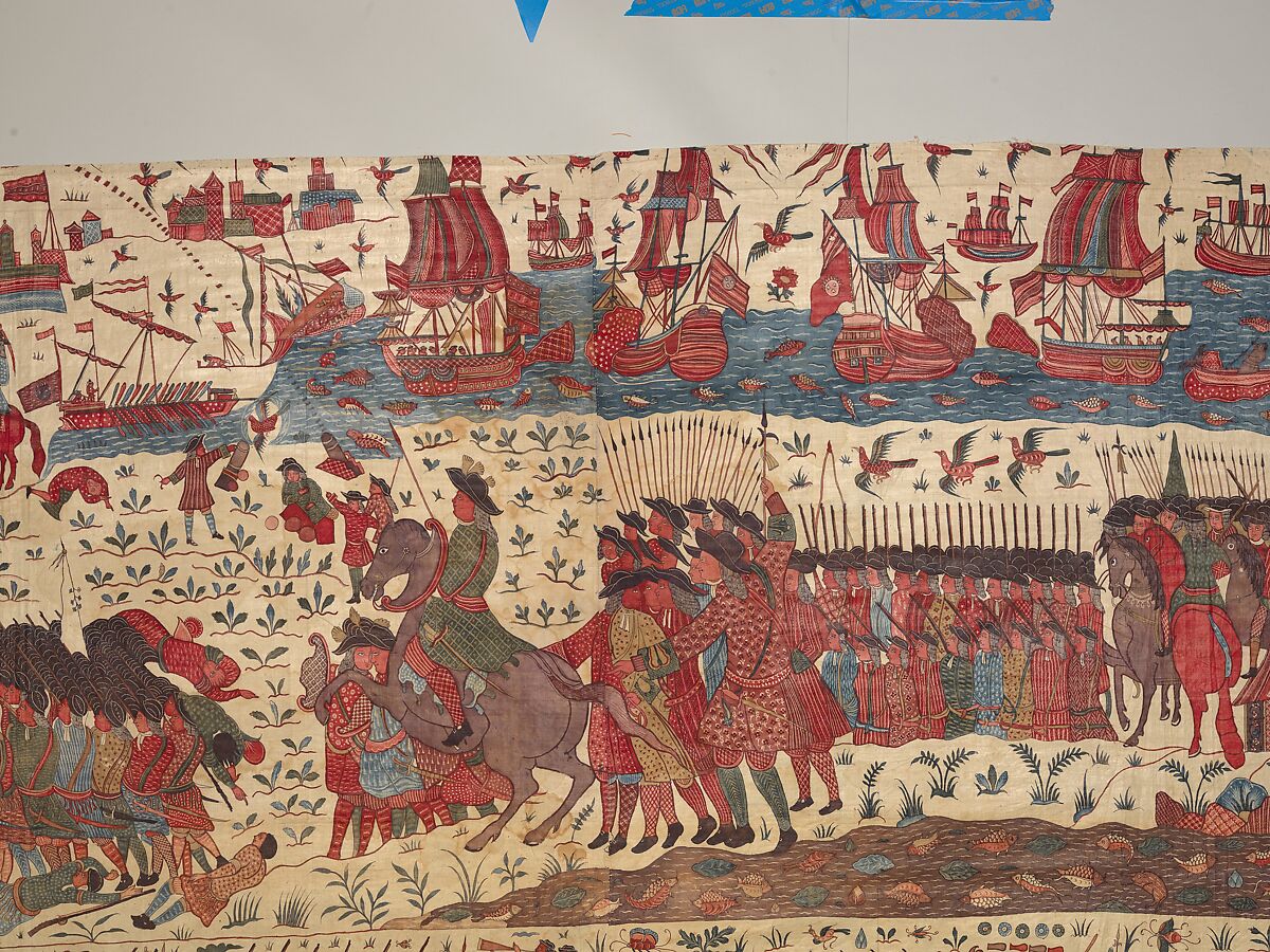 Hanging depicting a European conflict in South India, Cotton, plain weave (drawn and painted, mordant and resist dyed), Indian, Coromandel Coast, for British market