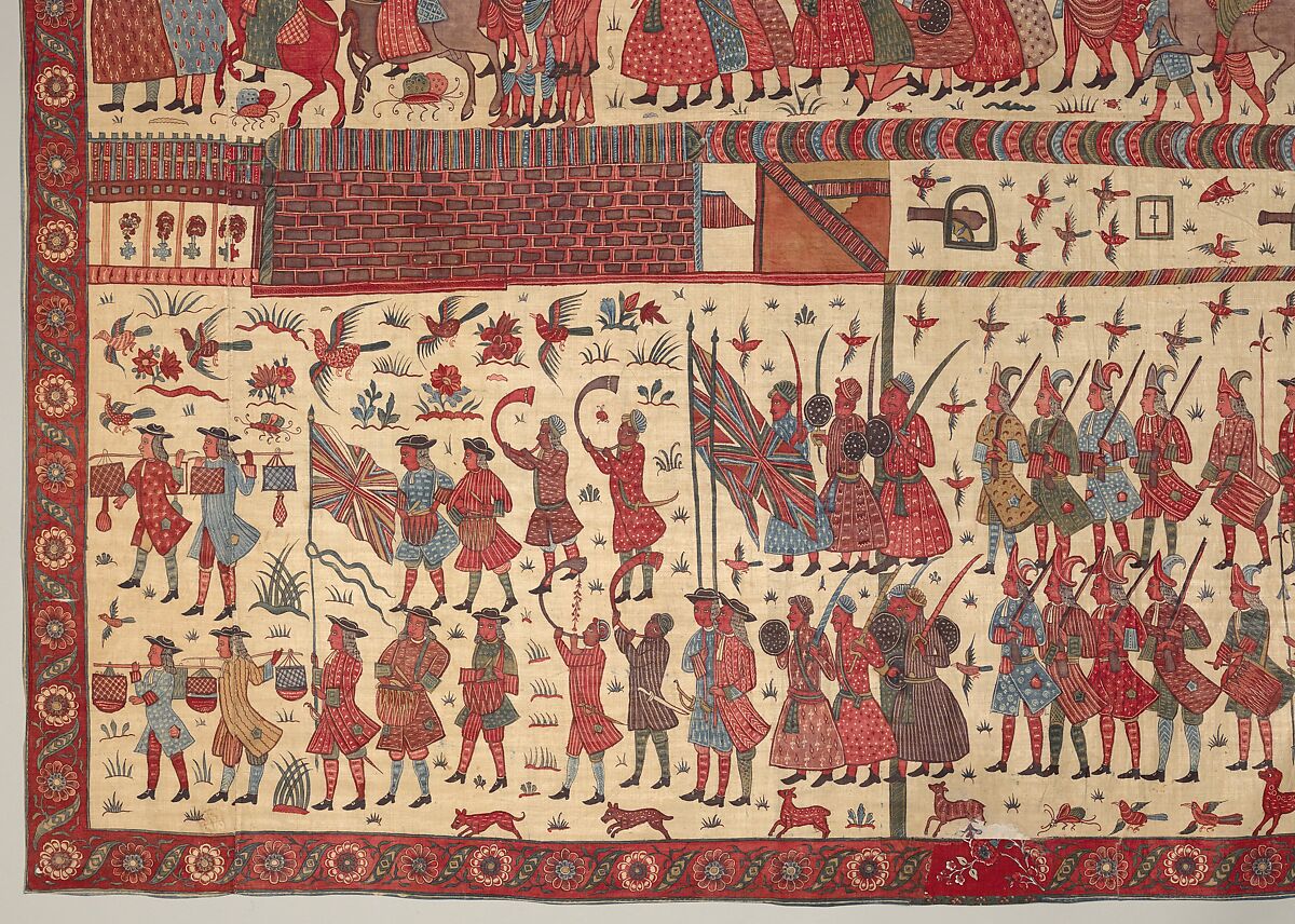 Hanging depicting a European conflict in South India, Cotton, plain weave (drawn and painted, mordant and resist dyed), Indian, Coromandel Coast, for British market