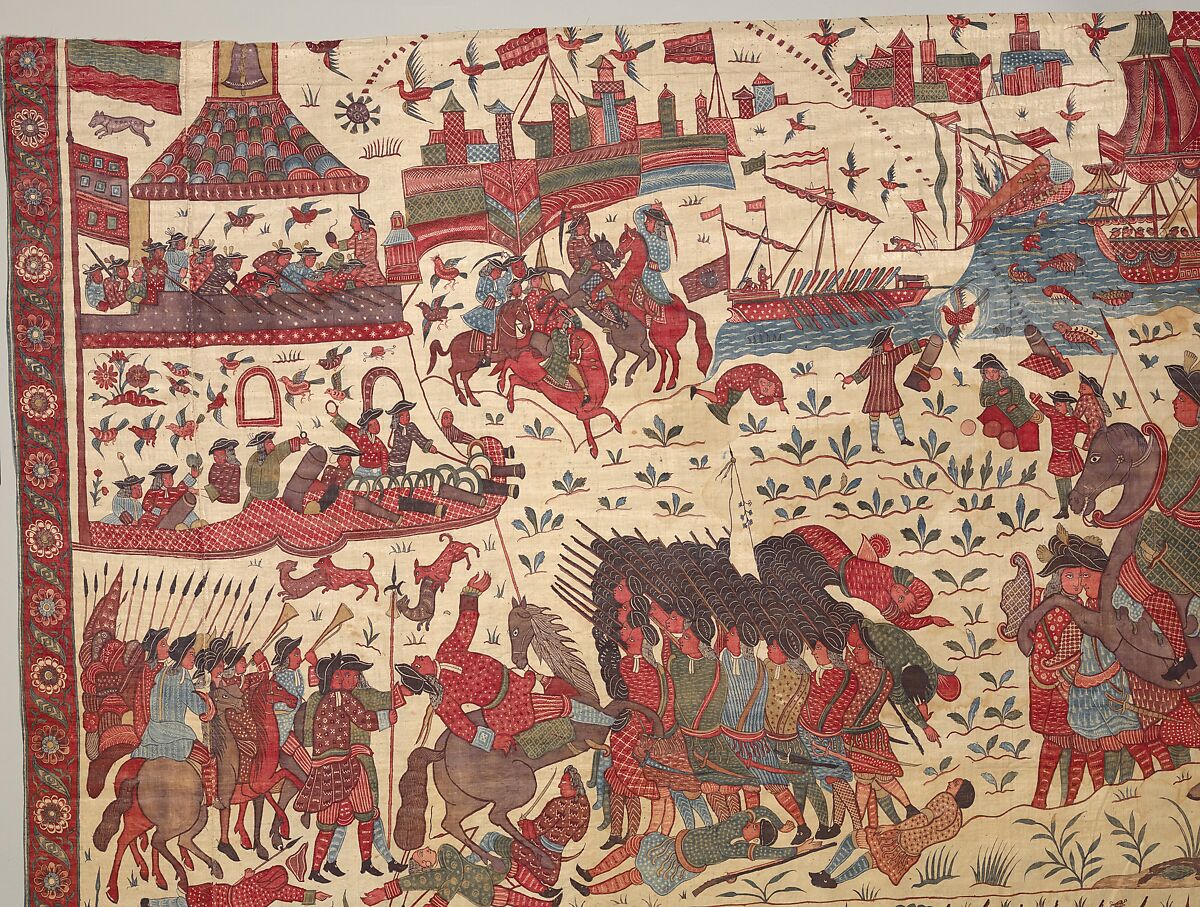 Hanging depicting a European conflict in South India, Cotton, plain weave (drawn and painted, mordant and resist dyed), Indian, Coromandel Coast, for British market