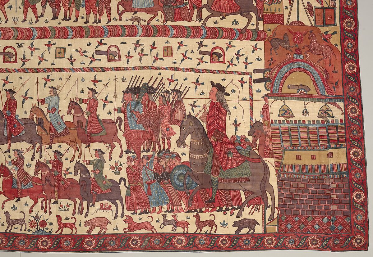 Hanging depicting a European conflict in South India, Cotton, plain weave (drawn and painted, mordant and resist dyed), Indian, Coromandel Coast, for British market