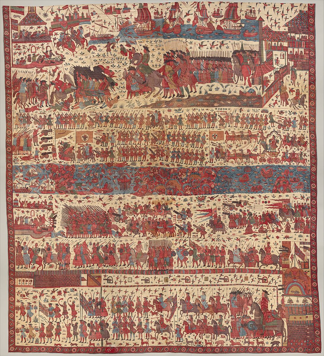 Hanging depicting a European conflict in South India, Cotton, plain weave (drawn and painted, mordant and resist dyed), Indian, Coromandel Coast, for British market 