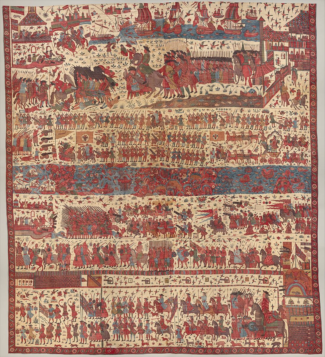 Hanging depicting a European conflict in South India, Cotton, plain weave (drawn and painted, mordant and resist dyed), Indian, Coromandel Coast, for British market