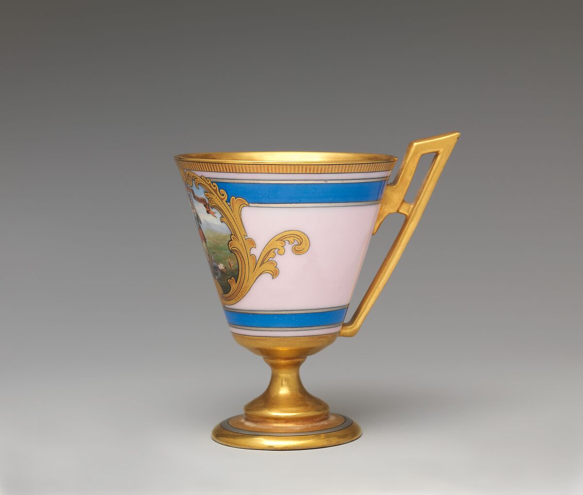 Continental footed porcelain cup, Virginia, Joseph S. Potter (1822–1904), Porcelain with pink ground banded in blue, silver, and gold, the silver banding picked out in black, American
