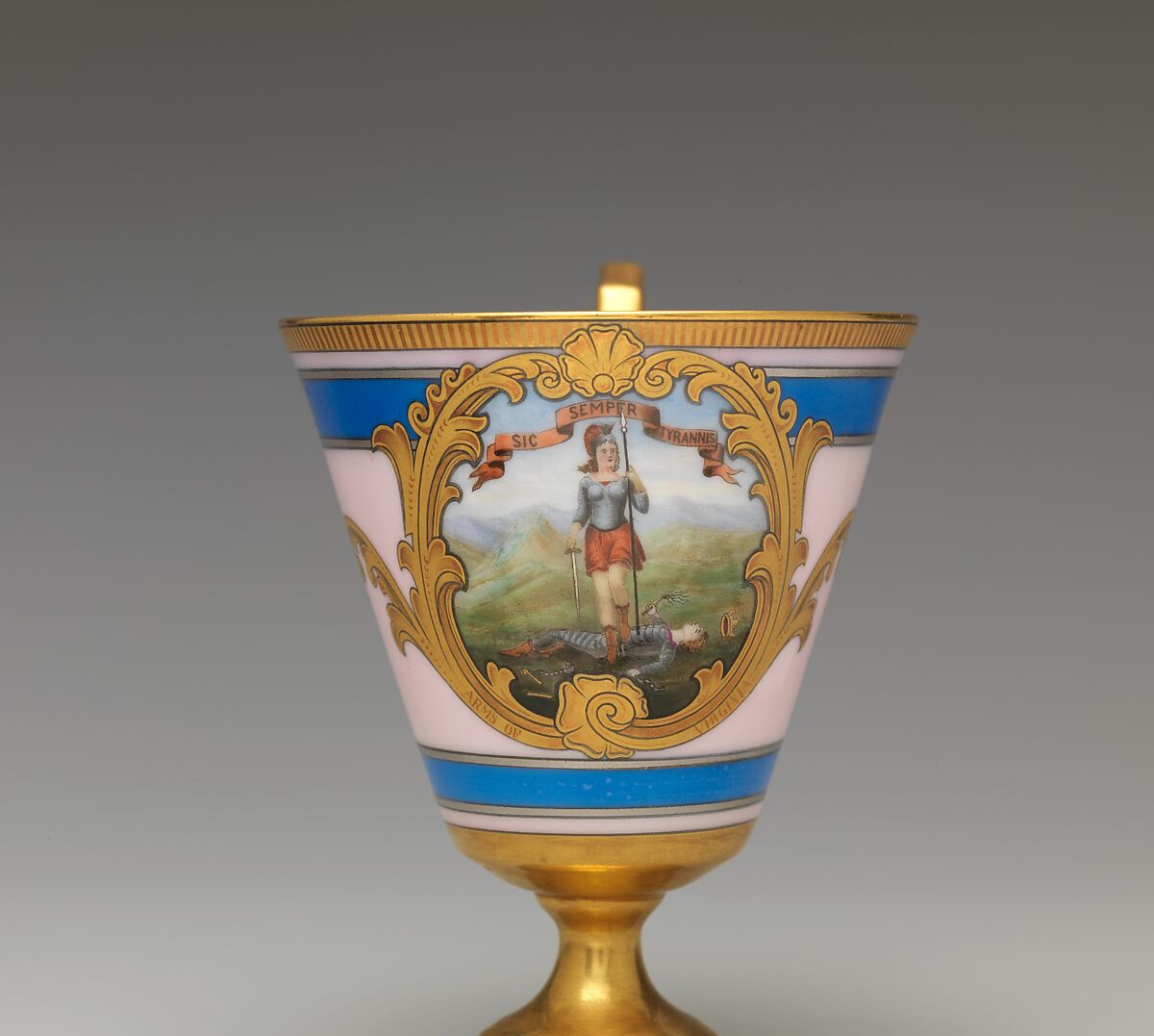 Continental footed porcelain cup, Virginia, Joseph S. Potter (1822–1904), Porcelain with pink ground banded in blue, silver, and gold, the silver banding picked out in black, American 