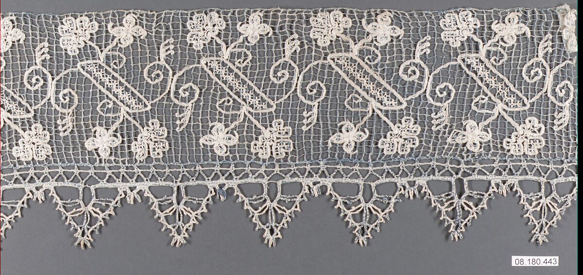 Border, Embroidered net, punto à rammendo, , bobbin lace, Sardinian 