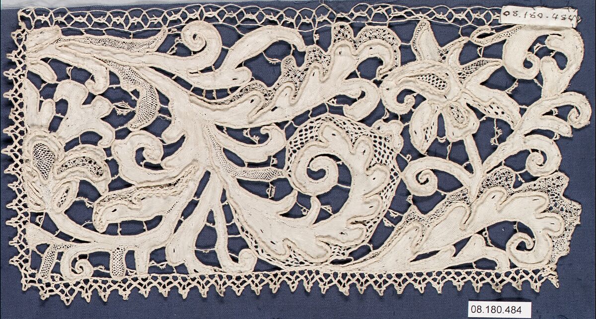 Fragment, Needle lace, gros point lace, bobbin lace, Italian, Venice