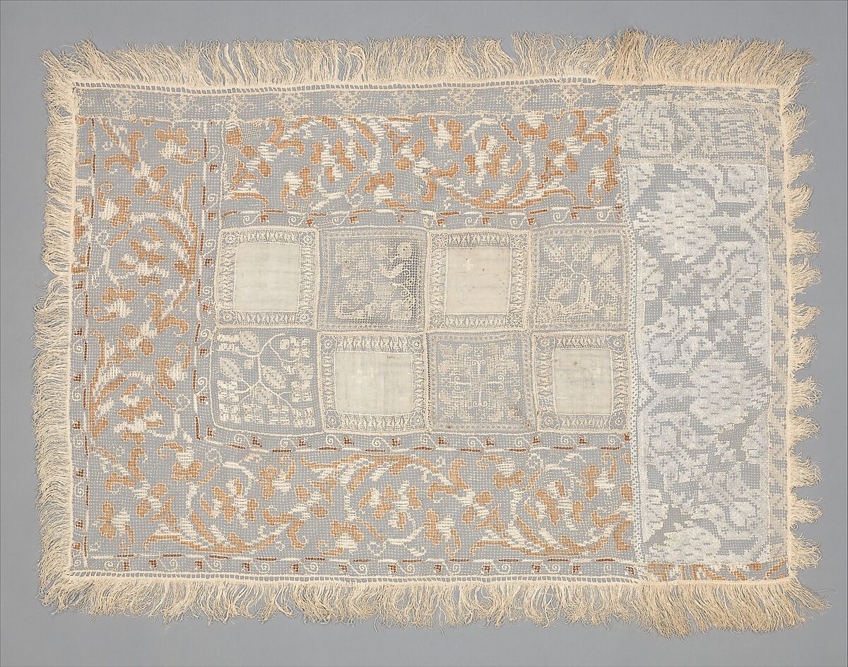 Cover, Embroidered net, drawnwork, linen, Italian, Old Sicily