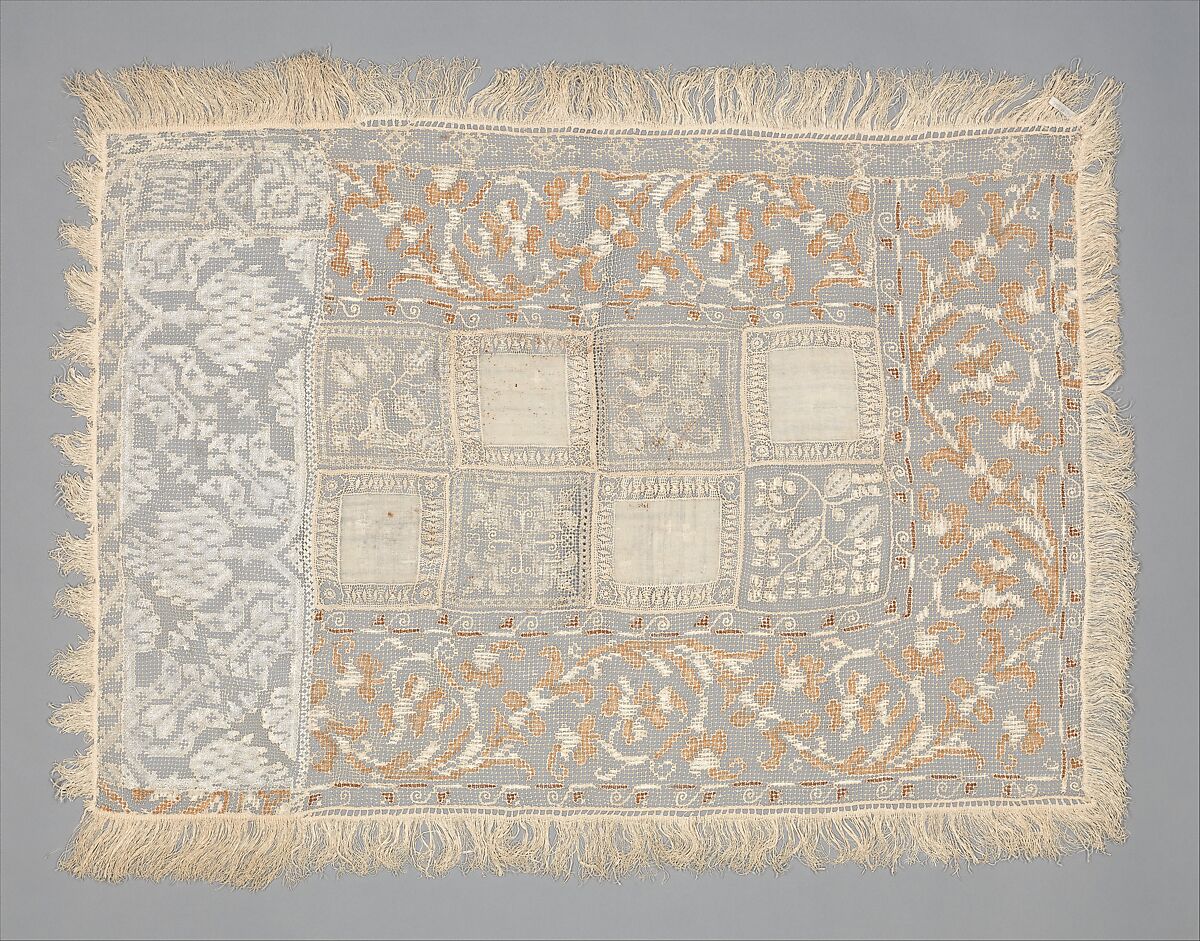 Cover, Embroidered net, drawnwork, linen, Italian, Old Sicily 