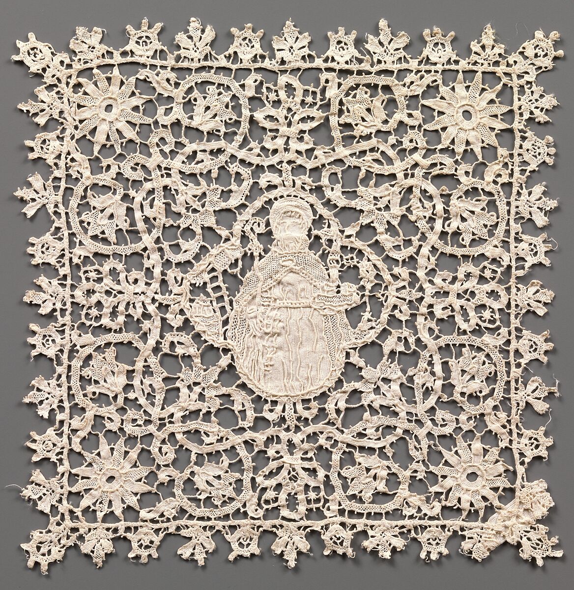 Fragment, Italian, 17th century, Italian, Needle lace, punto in aria, L. 5  x W. 2 1/2 inches, 12.7 x 6.4 cm, Textiles-Laces Stock Photo - Alamy