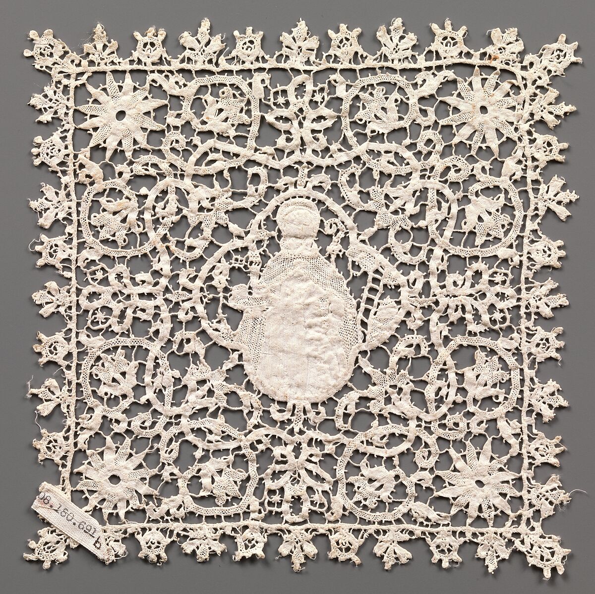 Chalice veil depicting Saint Blaise, patron saint of Dubrovnik., Needle lace, punto in aria, punto di Ragusa, linen, Croatian