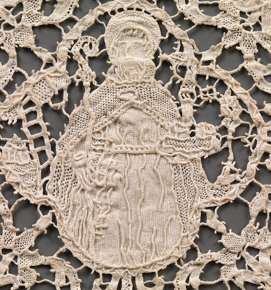 Chalice veil depicting Saint Blaise, patron saint of Dubrovnik., Needle lace, punto in aria, punto di Ragusa, linen, Croatian