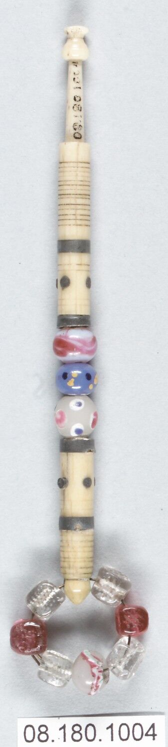 Bobbin, Bone, metal and beads, British 