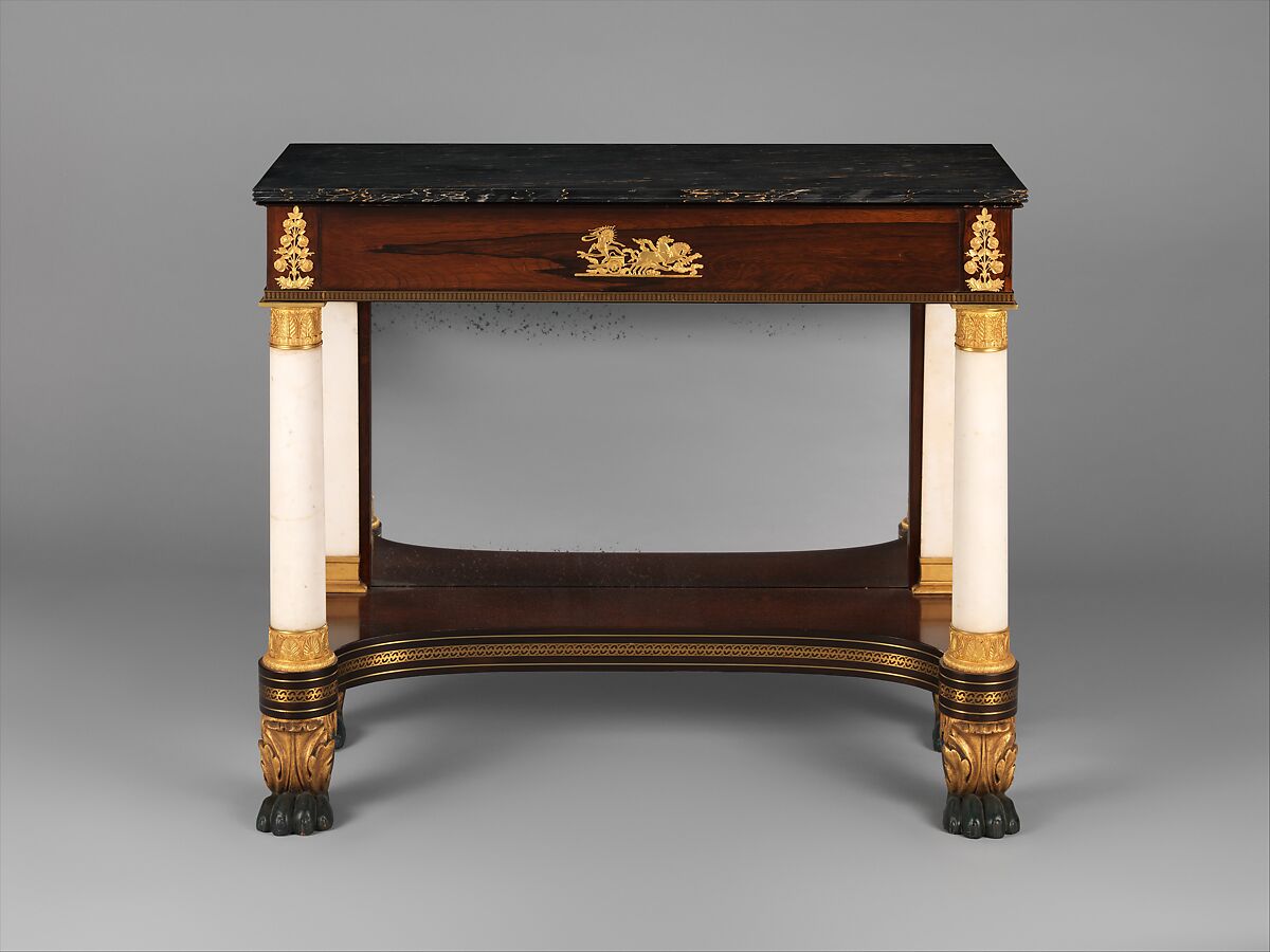 Pier Table in the Neo-Classical Taste, Attributed to Duncan Phyfe (American (born Scotland), near Lock Fannich, Ross-Shire, Scotland 1768/1770–1854 New York), Rosewood veneer, gilded gesso and vert antique, gilded brass, die-stamped brass borders, marble, looking glass plate, American 