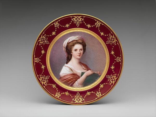 Plate, Ceramic Art Company, Trenton, New Jersey (American, 1889–1896), white bone china, painted with polychrome glazes with red border and gold pastework, American 