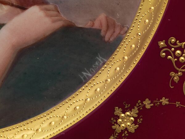 Plate, Ceramic Art Company, Trenton, New Jersey (American, 1889–1896), white bone china, painted with polychrome glazes with red border and gold pastework, American