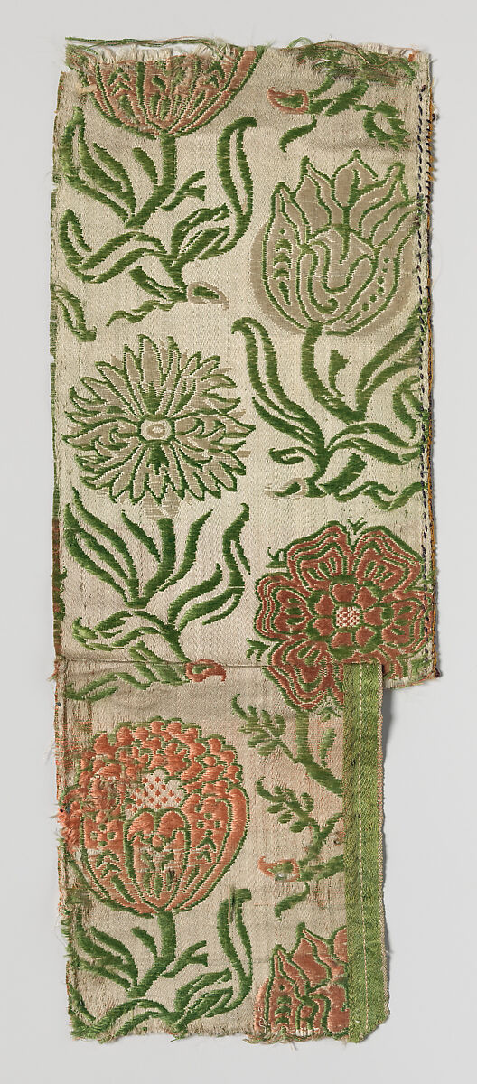 Floral silk satin fragment, Silk satin, French or Italian