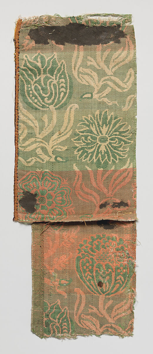 Floral silk satin fragment, Silk satin, French or Italian