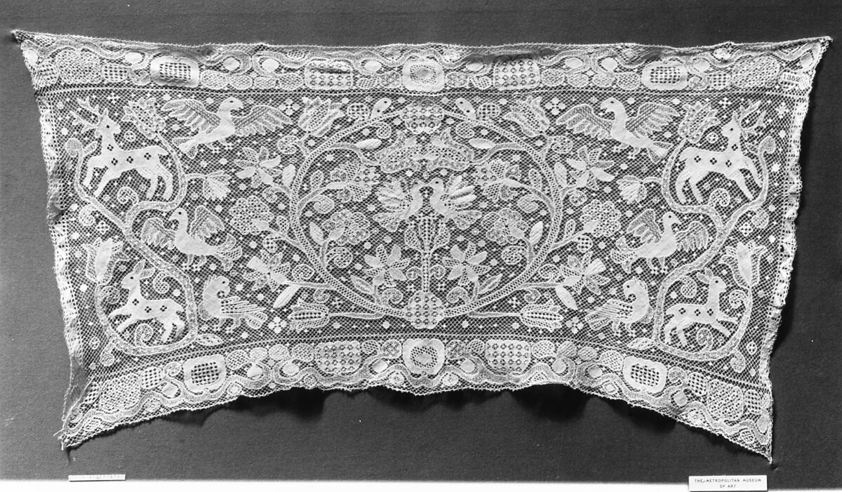 Border (end of a bridal pillow slip), Embroidered net, punto à rammendo, punto à tela, German 