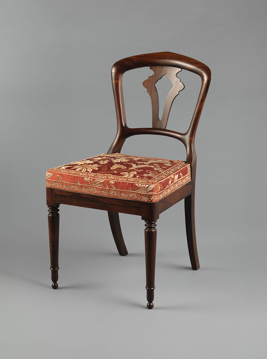 Side chair, D. Phyfe &amp; Son (1840–1847), Rosewood, rosewood veneer, ash (secondary wood), reproduction upholstery, American