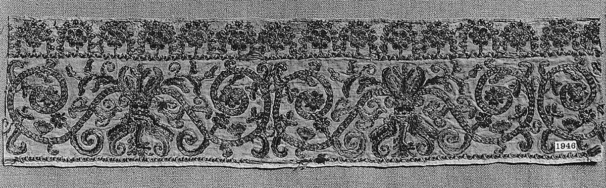Fragment, Silk and metal thread on linen, Italian