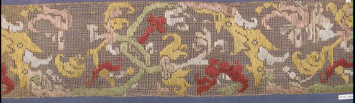 Fragment, Embroidered net, buratto, silk, Italian, Abruzzi and Calabria