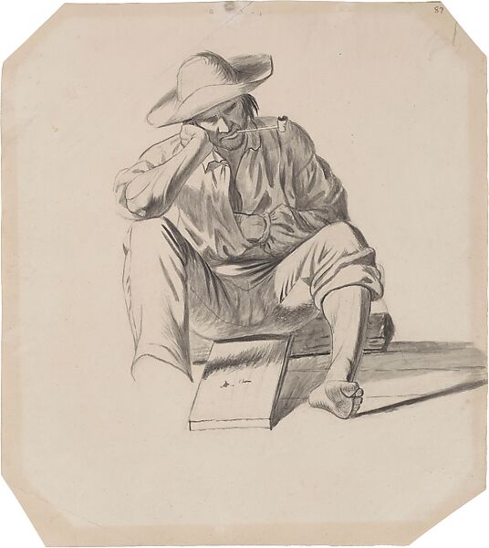 Raftsman Dozing, for "Raftsmen Playing Cards" 1847, and "Jolly Flatboatmen in Port" 1857, with alterations in pose, George Caleb Bingham (American, Augusta County, Virginia 1811–1879 Kansas City, Missouri), Brush, black ink, and wash over pencil on cream wove paper, American 