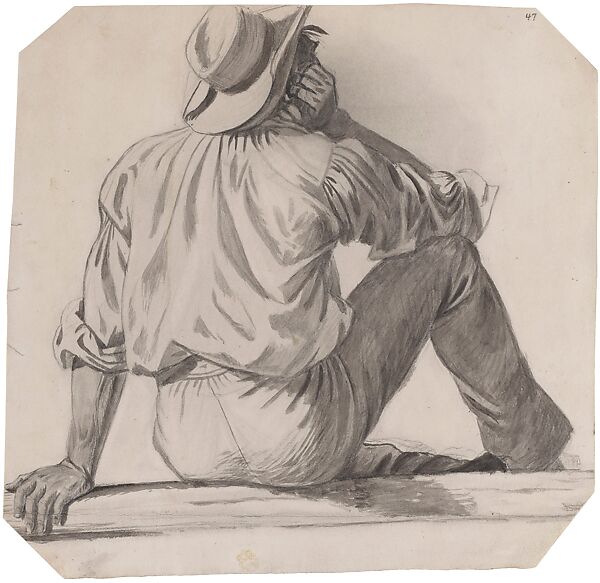 Flatboatman, for "The Jolly Flatboatmen" 1846, and "The Jolly Flatboatmen" 1877–78, with alterations to the right hand, George Caleb Bingham (American, Augusta County, Virginia 1811–1879 Kansas City, Missouri), Brush, black ink, and wash over pencil on cream wove paper, American 