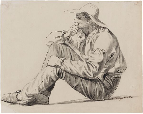Seated Man in a Broad-brimmed Hat, possible alternate study for "Lighter Relieving a Steamboat Aground", George Caleb Bingham (American, Augusta County, Virginia 1811–1879 Kansas City, Missouri), Graphite, brush, and gray wash on paper, American 