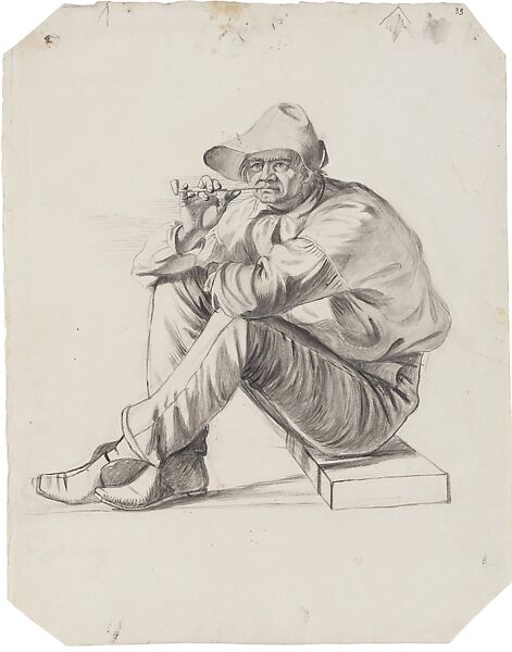 Boatman, for "Lighter Relieving a Steamboat Aground" 1847, and possible study for "Watching the Cargo by Night" 1854, with alterations, George Caleb Bingham (American, Augusta County, Virginia 1811–1879 Kansas City, Missouri), Brush, black ink, and wash over pencil on cream wove paper, American 