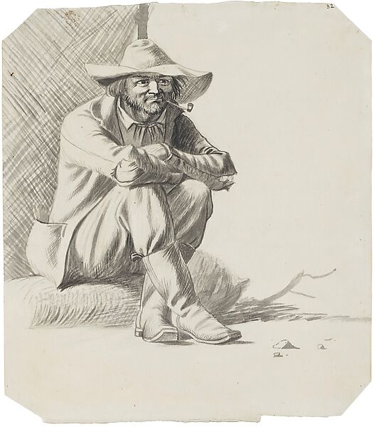 Wood-boatman, possible study for "The Woodyard" 1849 (lost), and "Watching the Cargo by Night" 1845, with alterations, George Caleb Bingham (American, Augusta County, Virginia 1811–1879 Kansas City, Missouri), Brush, black ink, and wash over pencil on off-white wove paper, American 