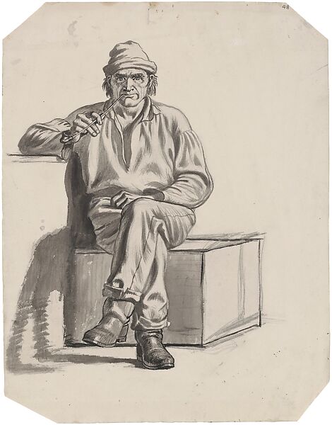 Boatman, for "Watching the Cargo" 1849, and model for "Mississippi Boatman" 1850, George Caleb Bingham (American, Augusta County, Virginia 1811–1879 Kansas City, Missouri), Brush, black ink, and wash over pencil on cream wove paper, American 