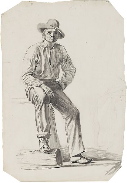 Good Listener, possible study for "Raftsmen on the Ohio" 1849 (lost), George Caleb Bingham (American, Augusta County, Virginia 1811–1879 Kansas City, Missouri), Brush, black ink, and wash over pencil on off-white wove paper, American 